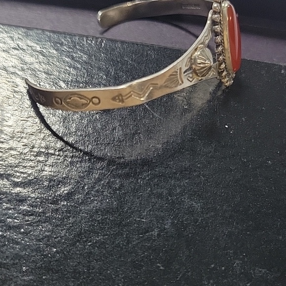 Sterling Silver Style Orange Oval Stone Cuff Bracelet - Picture 8 of 11